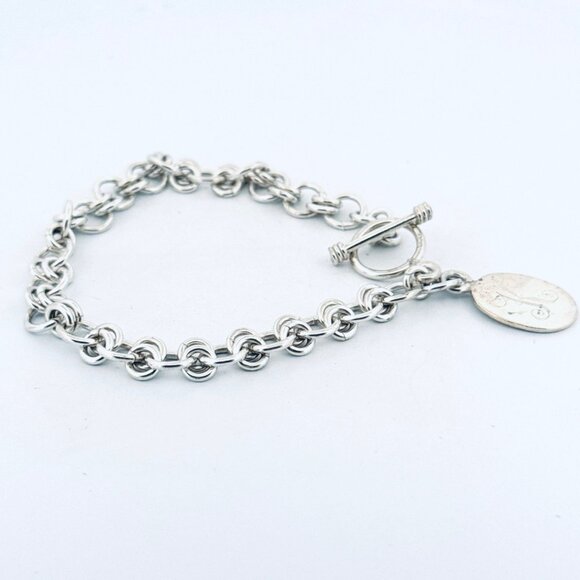 Sterling Silver 925 Double Round Link Charm Bracelet with Engraved K Oval Charm - Picture 3 of 13
